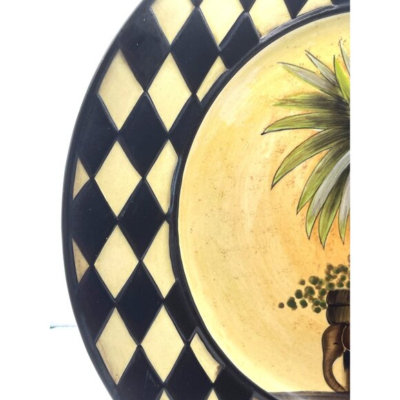 Home Interiors Palm Tree Plate Black Ivory Harlequin Diamond Border 10" Décor - Picture 5 of 7